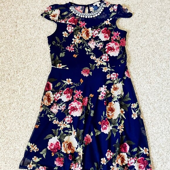 Monteau Girl Navy Blue  Rose Floral Dress Girls XL 14 - Picture 1 of 9